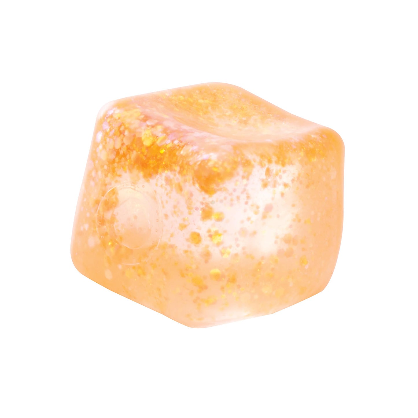 A multicolored squishy cube with glitter, suitable for sensory play.