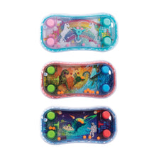 Three water filled battle toys with assorted designs, each with colorful buttons on the top.