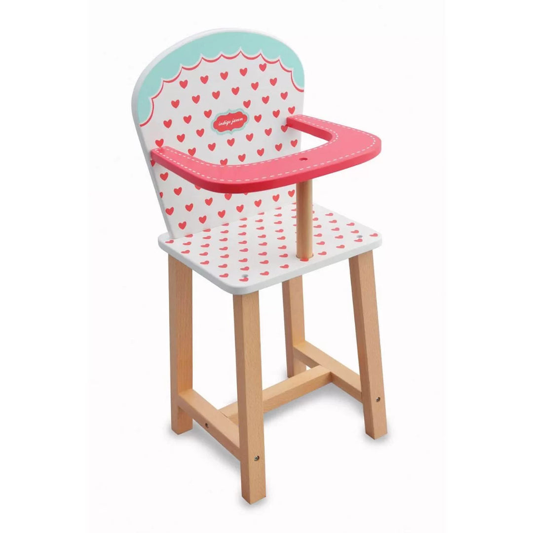 Wooden dolls high chair with red heart motifs