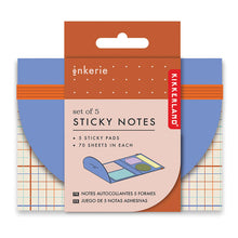 A packaged set of 5 colorful sticky notes by Kikkerland, with each pad containing 70 sheets in assorted shapes and sizes, displayed in a grid pattern on the packaging.