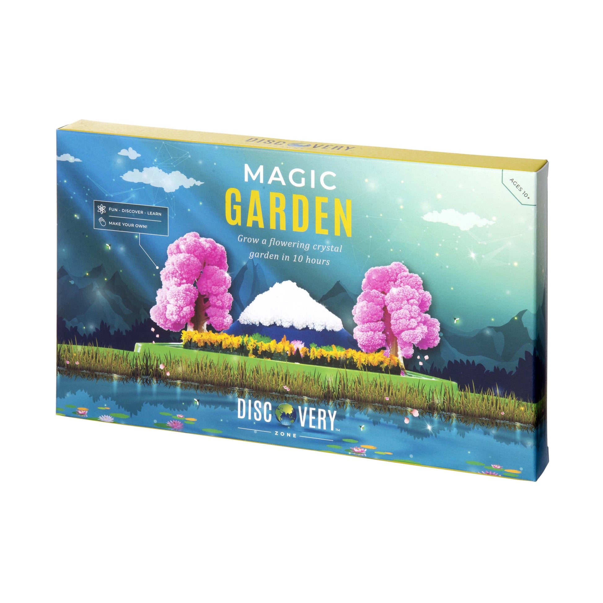 Packaging for Magic Garden toy which includes trees, mountains and grass, designed for educational science experiments.
