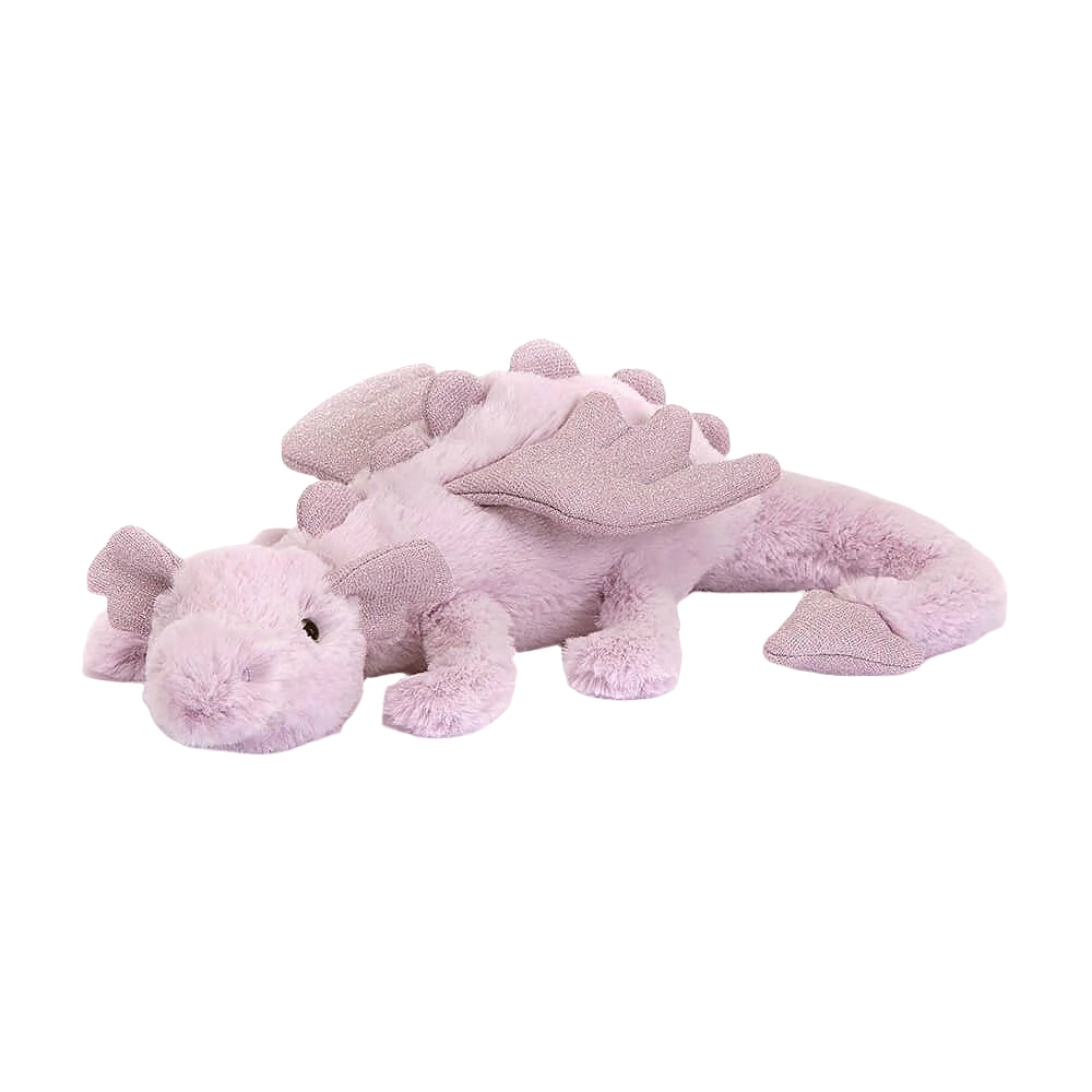 A plush toy depicting a lilac-colored dragon with sparkly ears and a fluffy texture.