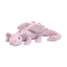 A plush toy depicting a lilac-colored dragon with sparkly ears and a fluffy texture.