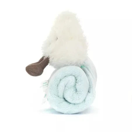 Light blue Jellycat soother with white fluffy smiling cloud attached