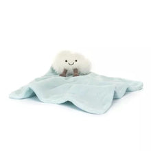 Light blue Jellycat soother with white fluffy smiling cloud attached
