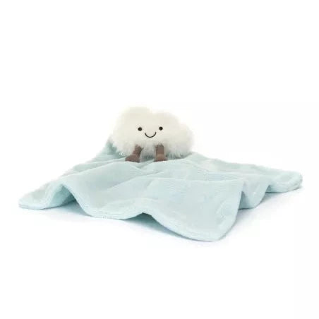 Light blue Jellycat soother with white fluffy smiling cloud attached