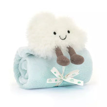 Light blue Jellycat soother with white fluffy smiling cloud attached