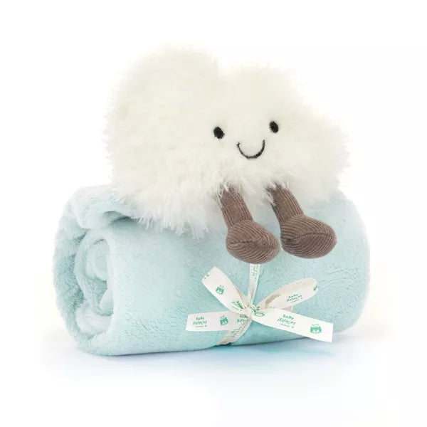 Light blue Jellycat soother with white fluffy smiling cloud attached