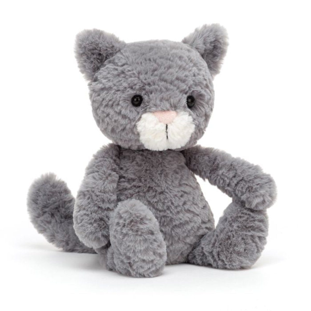 A plush toy resembling a grey kitten with tufty fur, perky ears, and a pink nose.