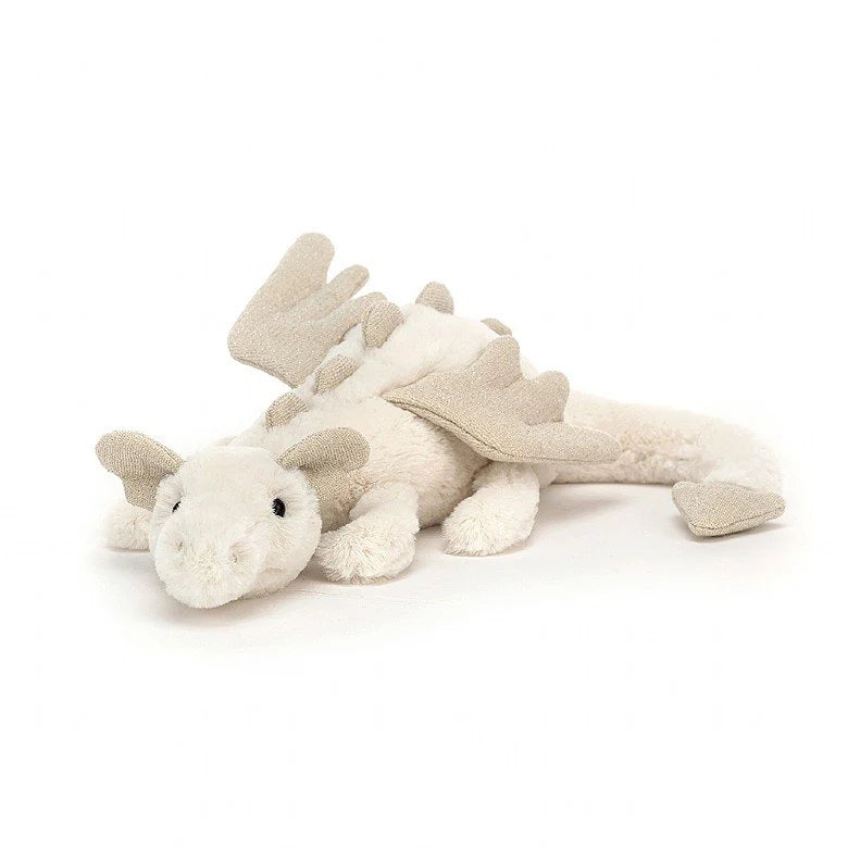 Small cream snow dragon soft toy with sparkly gold wings and ears
