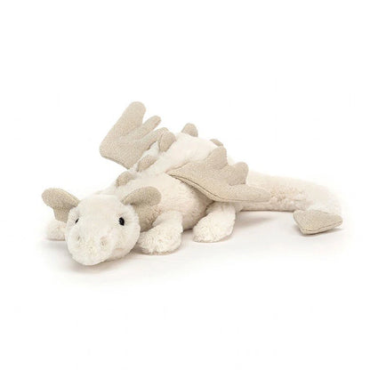 Small cream snow dragon soft toy with sparkly gold wings and ears