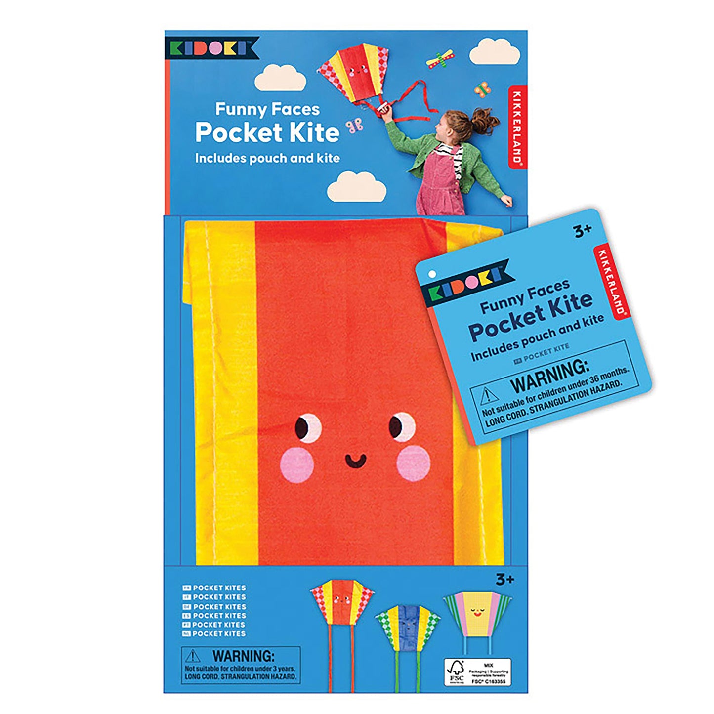 Packaging of a colorful pocket kite with a cartoon face design, including a to-go pouch.