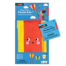 Packaging of a colorful pocket kite with a cartoon face design, including a to-go pouch.
