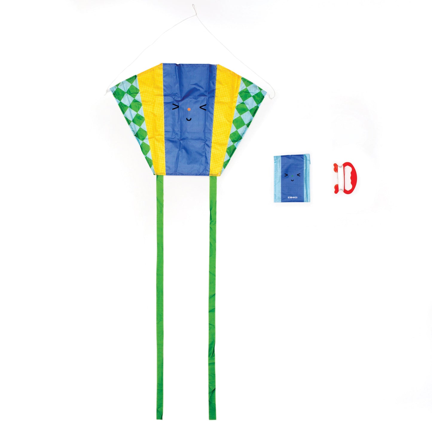 Packaging of a colorful pocket kite with a cartoon face design, including a to-go pouch.