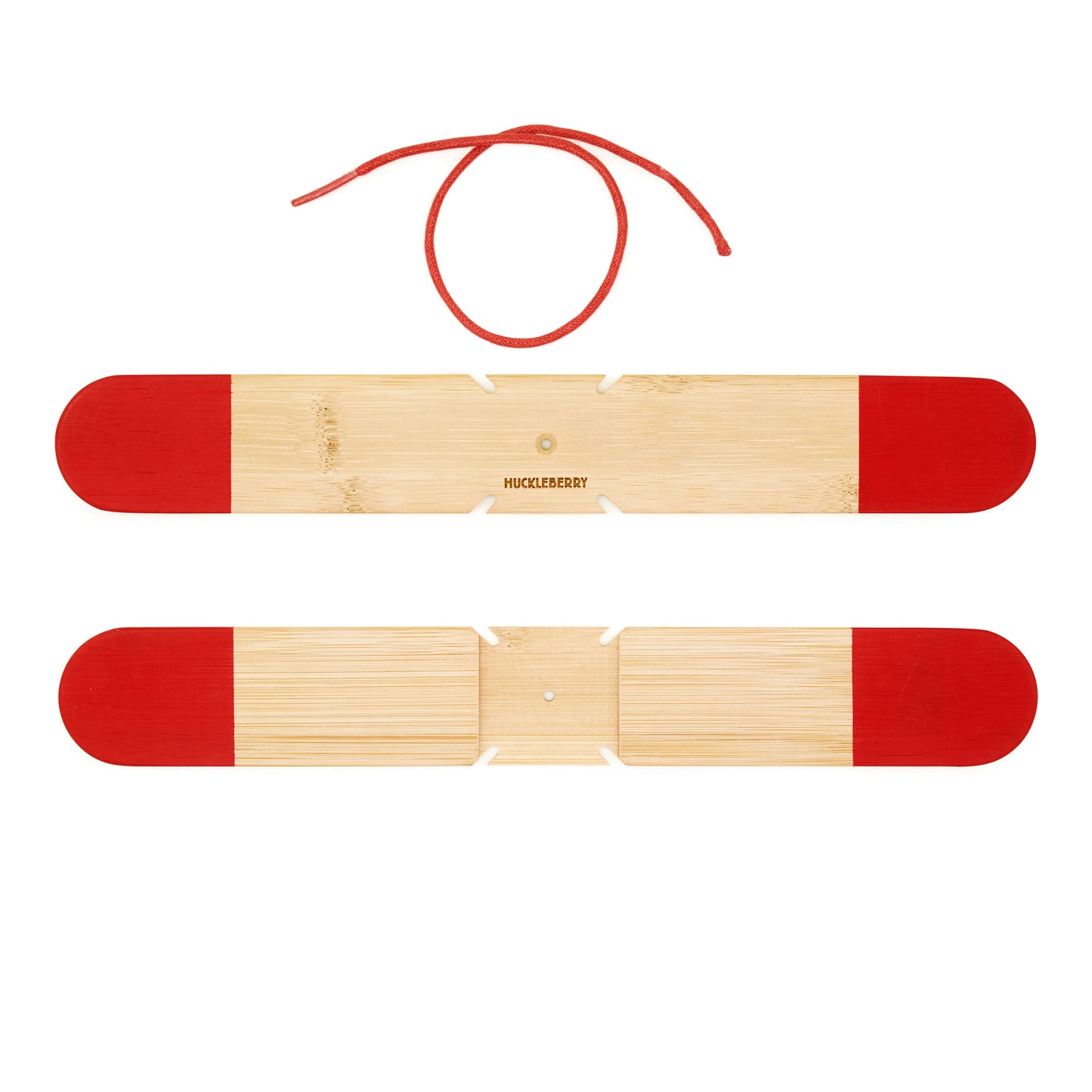 Two boomerang natural wood pieces with red ends on a white background