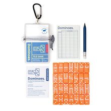 Dominoes tile game set with carrying case, dominoes, score sheet, and pencil on a white background