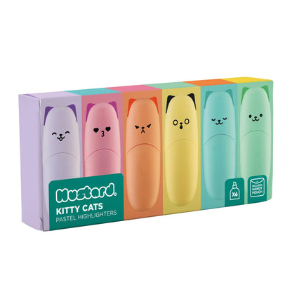 Pack of pastel highlighters with cat designs in a colorful box, branded as Mustard.
