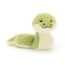 A plush toy resembling a green snake with a cream underbelly and a stitched smile.