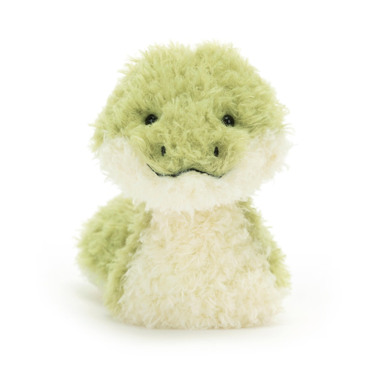A plush toy resembling a green snake with a cream underbelly and a stitched smile.