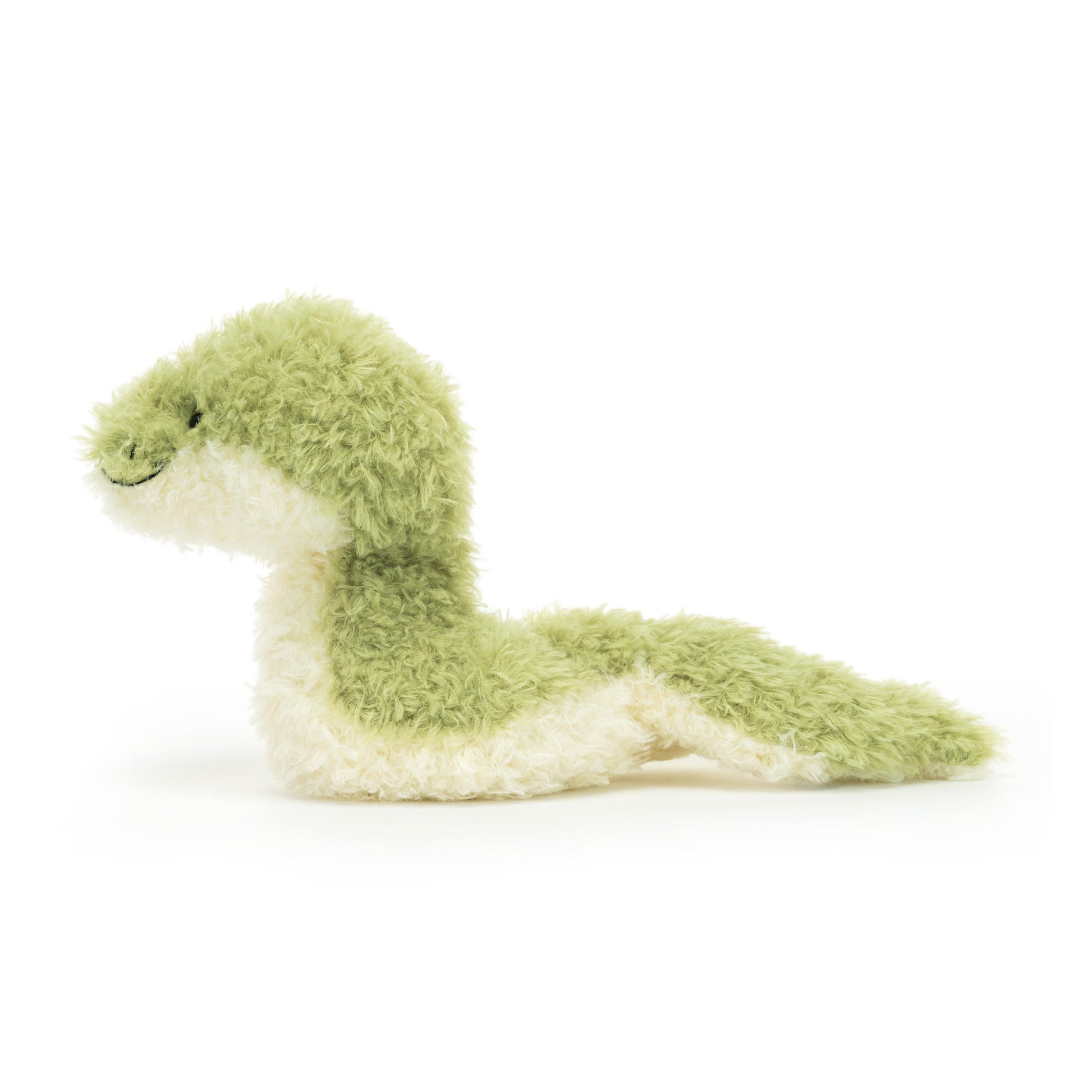 A plush toy resembling a green snake with a cream underbelly and a stitched smile.