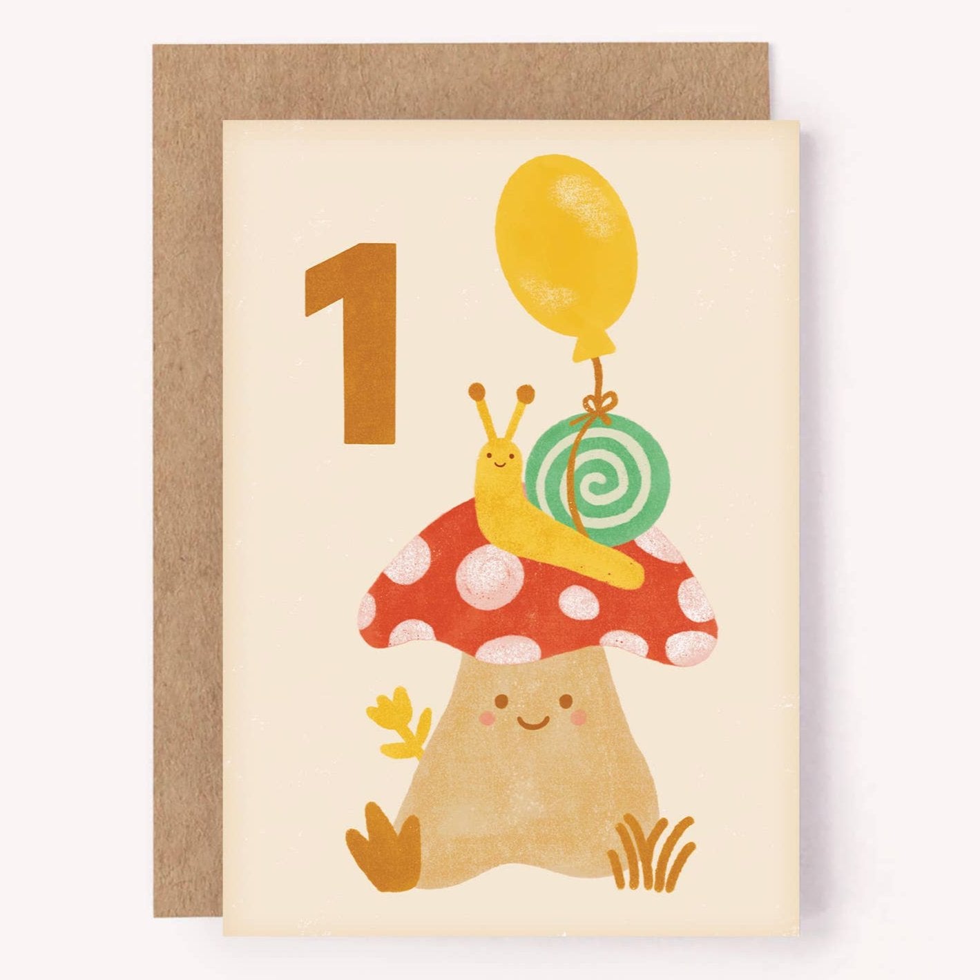 Cute muchoom and snail on cream card with large letter 1