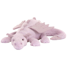 A plush lavender dragon soft toy with sparkly wings and spines, lying down.