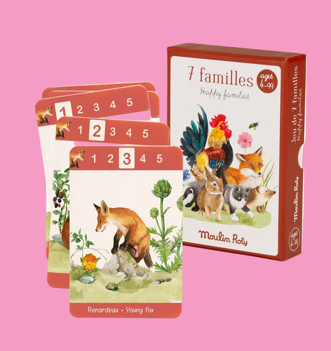 Card game packaging with animal illustrations and 'Moulin Roty' branding on a white background