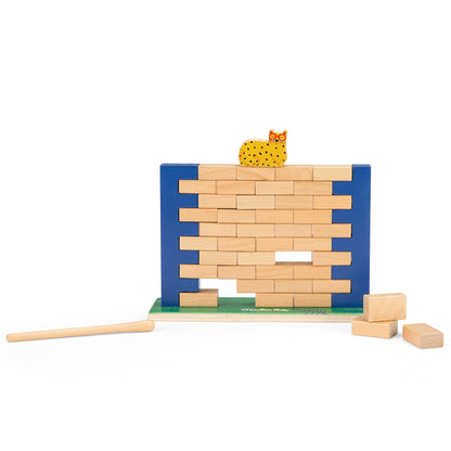 Moulin Roty Les Toupitis Wobbly Wall wooden game with a leopard on top