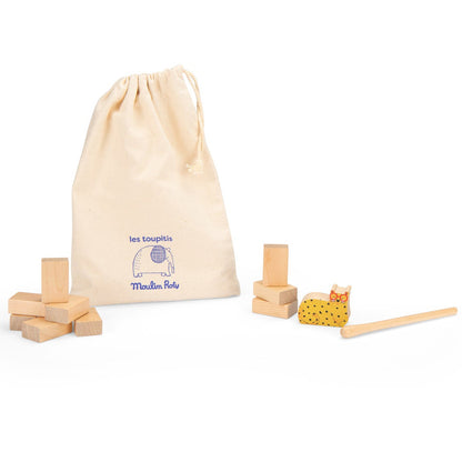 Wobbly Wall wooden game pieces and drawstring storage bag