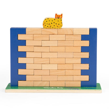 Wobbly Wall game with its wooden bricks and leopard