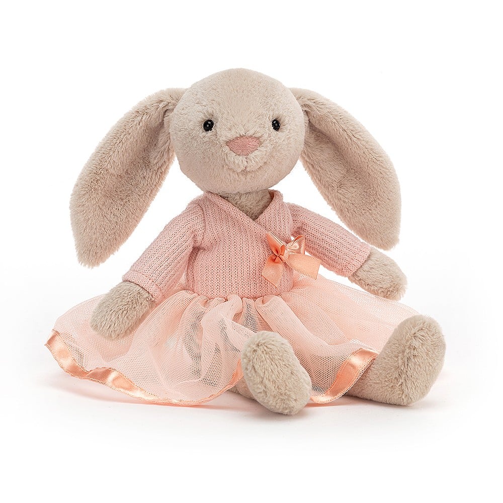 Ballet Lottie Bunny jellycat stuffed bunny toy wearing peacj coloured ballet dress with tulle tutu - at Send A Toy