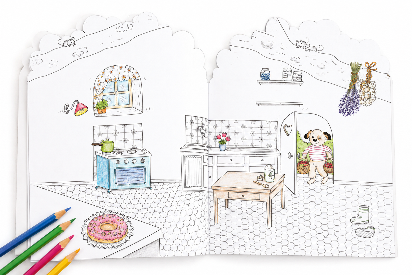 A children's coloring book or activity booklet shown open, featuring a hand-drawn kitchen scene with a dog at the doorway. The pages are mostly white with black outlines and a few small colored accents, and colored pencils are placed in the lower left corner.