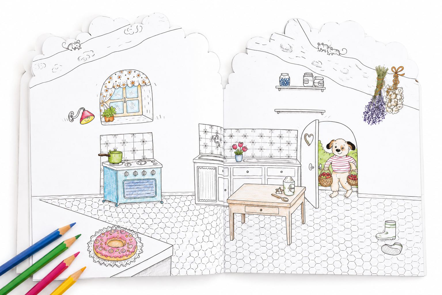 A children's coloring book or activity booklet shown open, featuring a hand-drawn kitchen scene with a dog at the doorway. The pages are mostly white with black outlines and a few small colored accents, and colored pencils are placed in the lower left corner.