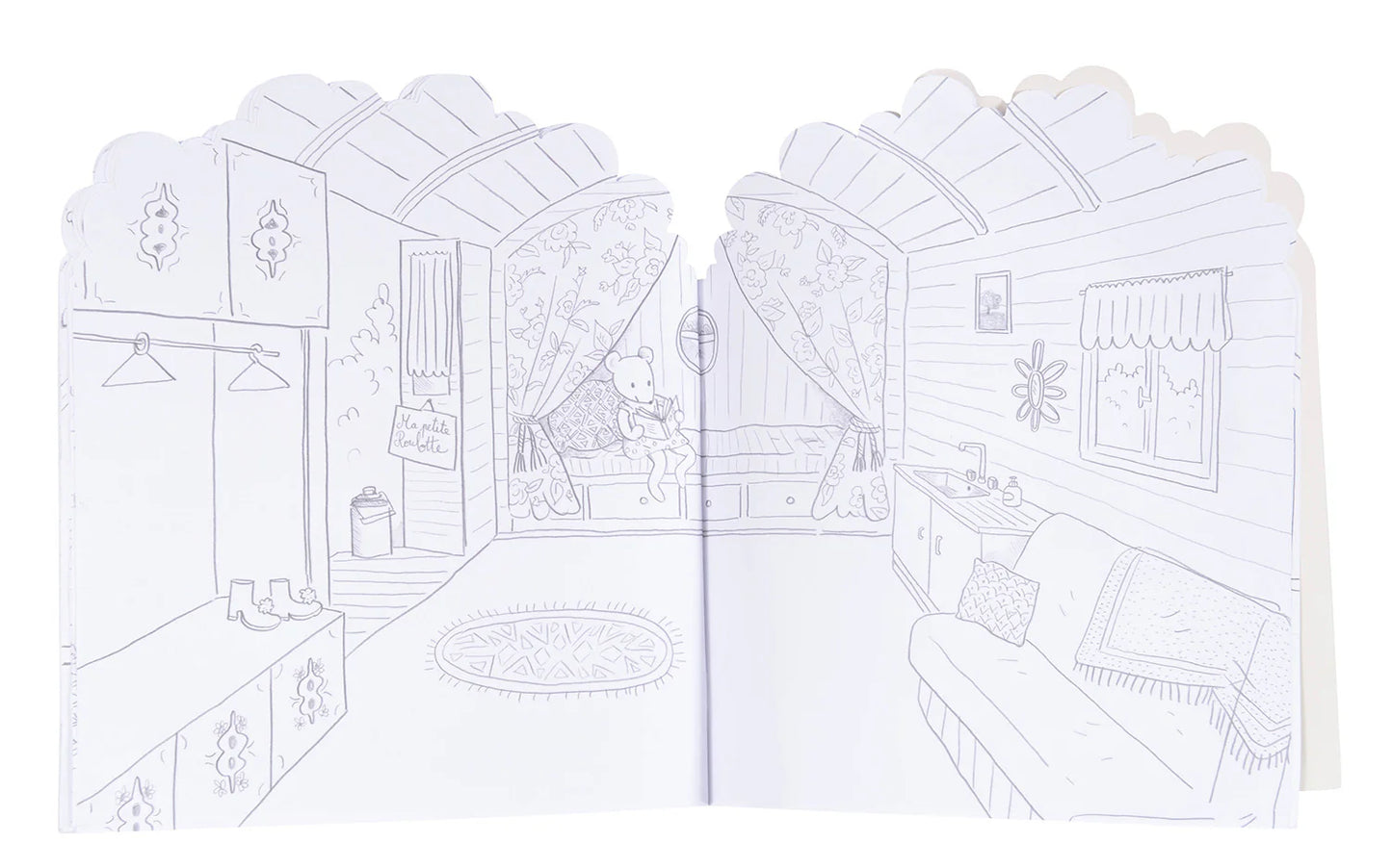 A children's coloring book or activity booklet featuring black and white line art illustrations of cozy interior rooms, including a bedroom, living room, and kitchen, on a white background.