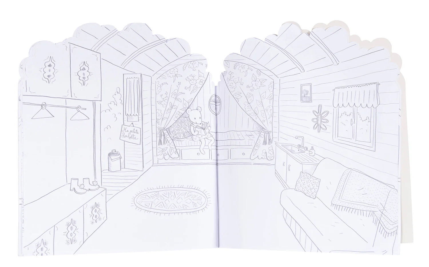 A children's coloring book or activity booklet featuring black and white line art illustrations of cozy interior rooms, including a bedroom, living room, and kitchen, on a white background.