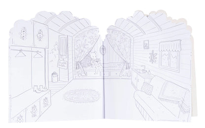 A children's coloring book or activity booklet featuring black and white line art illustrations of cozy interior rooms, including a bedroom, living room, and kitchen, on a white background.