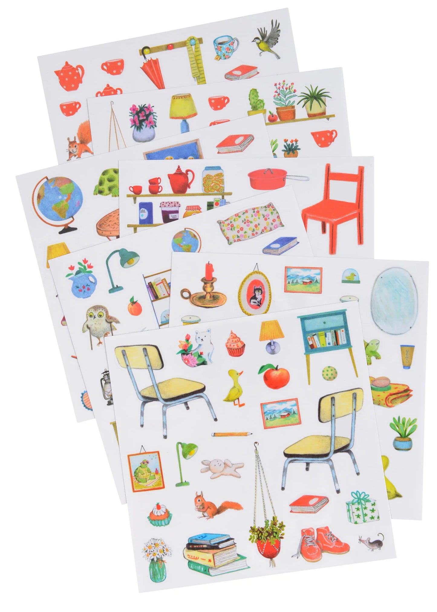 Two sheets of colorful stickers featuring various items on a white background