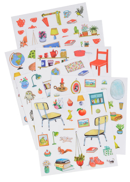 Two sheets of colorful stickers featuring various items on a white background