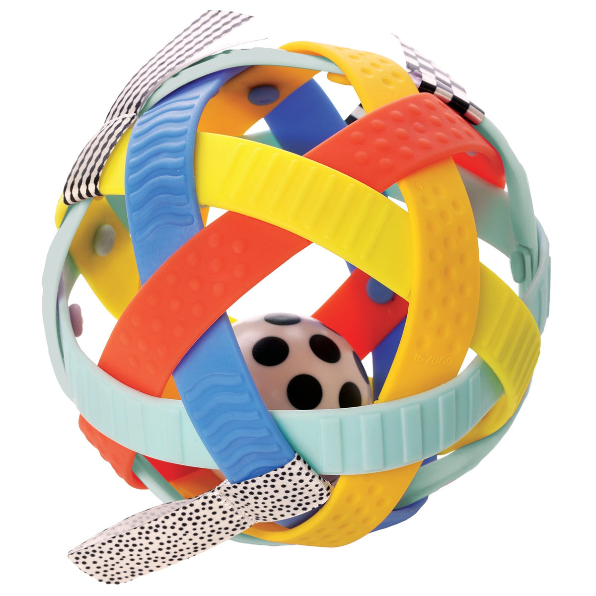 Manhattan Toy Blissful Ball with colourful textured bands and a spotted rattle