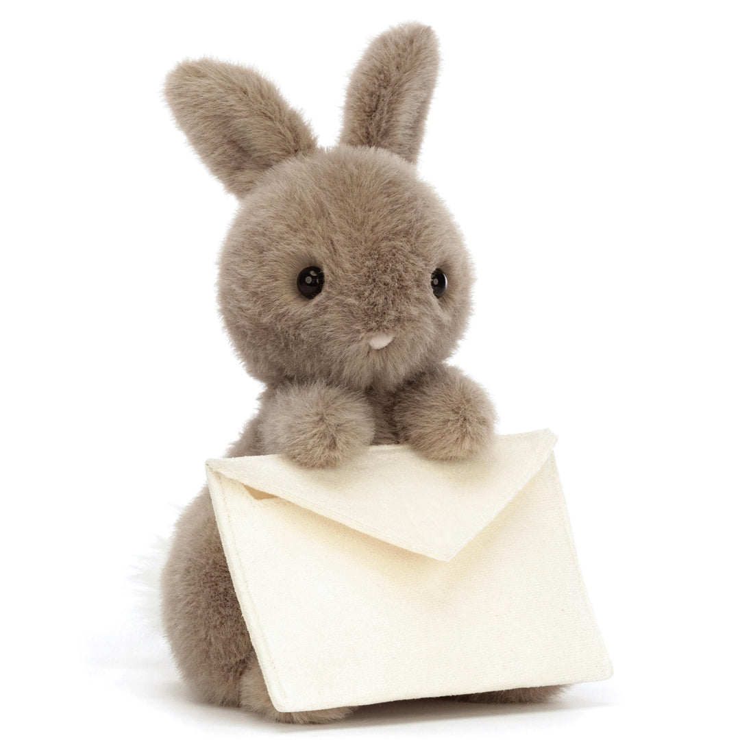 Jellycat Messenger Buunny, brown bunny stuffed toy holding  cream felt envelope
