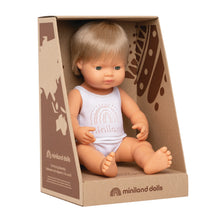 Miniland Caucasian Dark Blonde Anatomically Correct Boy Doll 38cm, wearing white underwear set, presented in cardboard open display box - Send A Toy