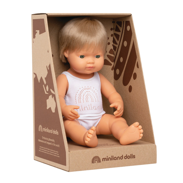 Miniland Caucasian Dark Blonde Anatomically Correct Boy Doll 38cm, wearing white underwear set, presented in cardboard open display box - Send A Toy