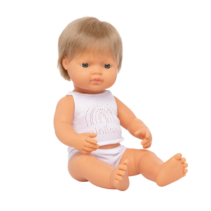 Miniland Caucasian Dark Blonde Anatomically Correct Boy Doll 38cm, wearing white underwear set - Send A Toy