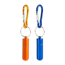 Two keychain holders with carabiners, one orange and one blue, on a white background.