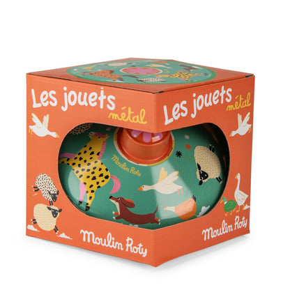 Moulin Roty animal spinning top and packaging