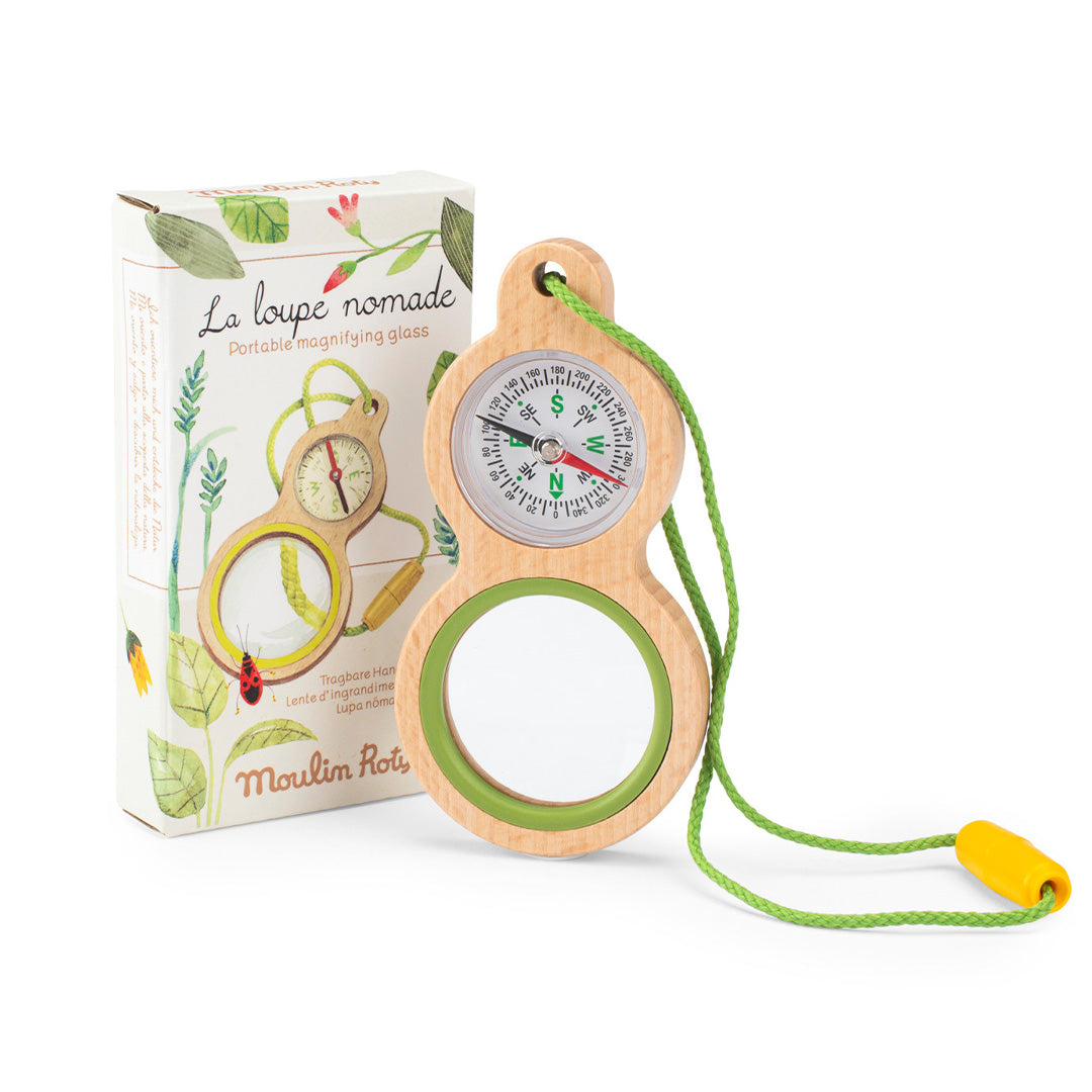 Moulin Roty Le Jardin portable magnifying glass with compass and packaging