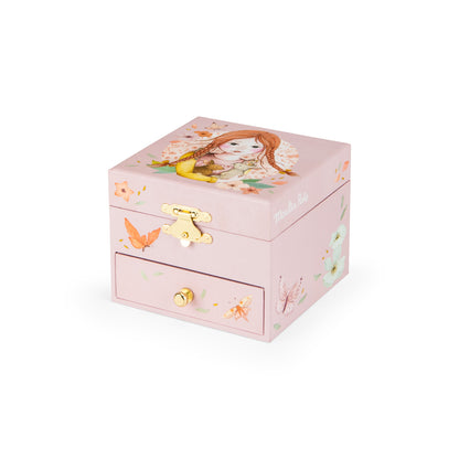 Open Les Rosalies musical jewellery box with mirror and twirling rabbit