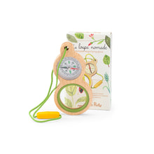 Moulin Roty portable magnifying glass with compass and green cord