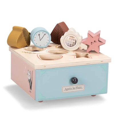 Whimsical Alice in Wonderland inspires wooden chape sorting box with drawer and kaleidoscope sorting piece