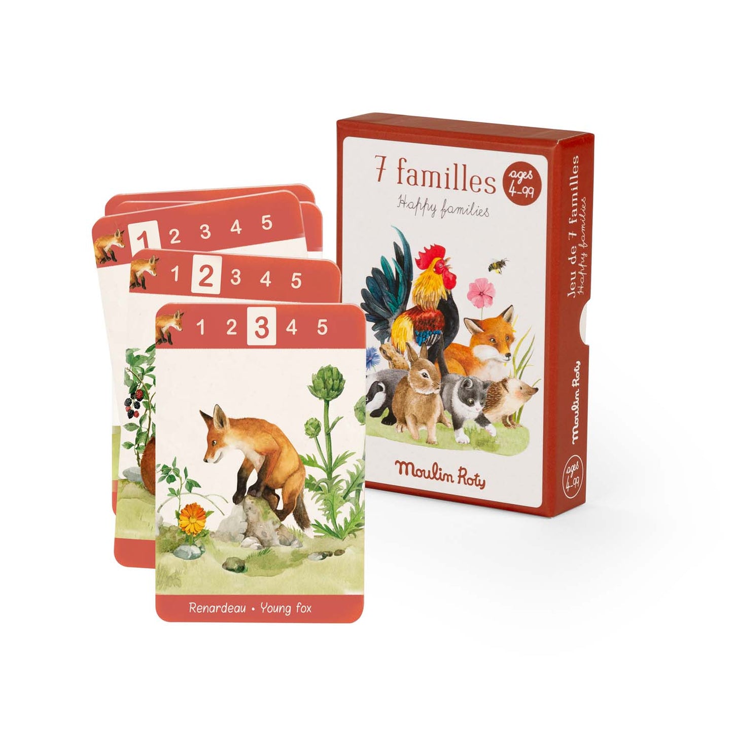 Card game with animal illustrations and a red box labeled '7 familles' on a white background